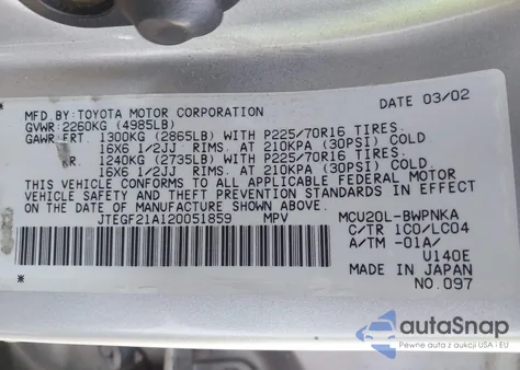 2002 Toyota Highlander Limited V6 z USA, uszkodzony, nr VIN JTEGF21A120051859